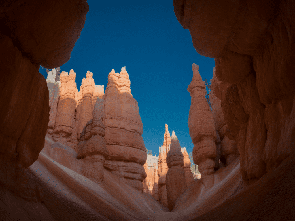 Inside Bryce Canyon amphitheater on Queen's Garden trail, looking up between tall hoodoo spires of orange and red limestone, morning light filtering between formations creating patches of warm light against deep shadow, narrow strip of blue sky above, ground-level intimate hoodoo photography Utah