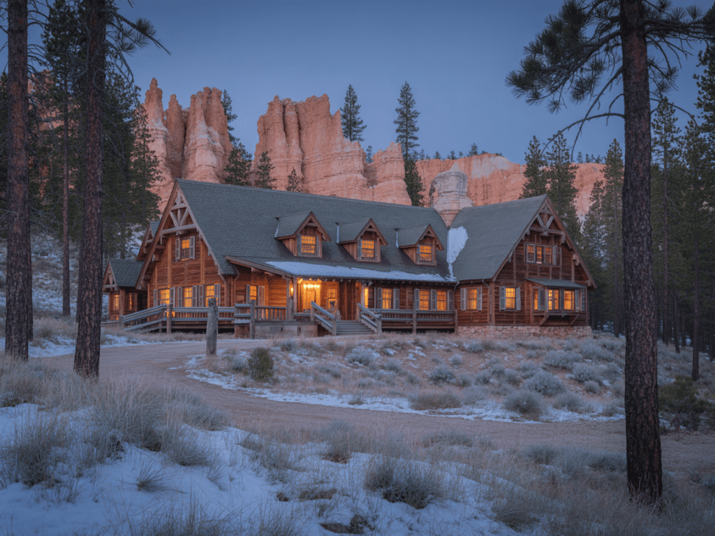 The Lodge at Bryce Canyon in early morning light, rustic wooden lodge building surrounded by ponderosa pine forest, light snow on the ground, warm light in windows, Bryce Canyon National Park Utah, inviting and remote wilderness lodge atmosphere