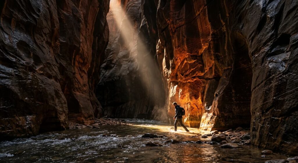 Light shaft entering The Narrows slot canyon Zion National Park, narrow beam of sunlight penetrating through towering sandstone walls illuminating section of red canyon wall and Virgin River water below, dramatic contrast between lit section and deep canyon shadow, atmospheric slot canyon photography Utah