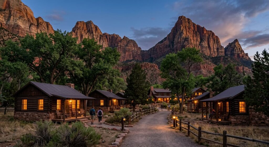 Zion Lodge historic cabins at dusk, warm light glowing through cabin windows, canyon walls rising dramatically behind the lodge in last evening light, cottonwood trees surrounding the buildings, intimate and welcoming atmosphere Utah national park