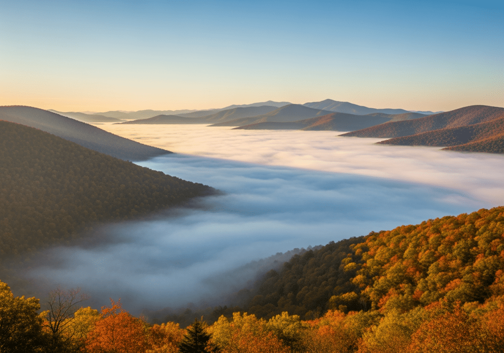 A smooth sea of fog filling Shenandoah Valley viewed from Skyline Drive