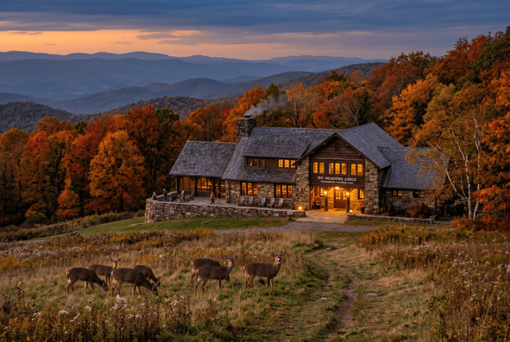 Big Meadows Lodge in October — staying inside the park means being positioned for the fog before sunrise, without the drive.