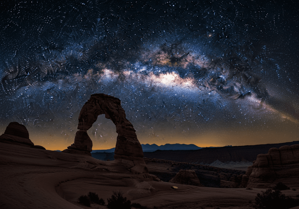 Milky Way galaxy rising above Delicate Arch Arches National Park